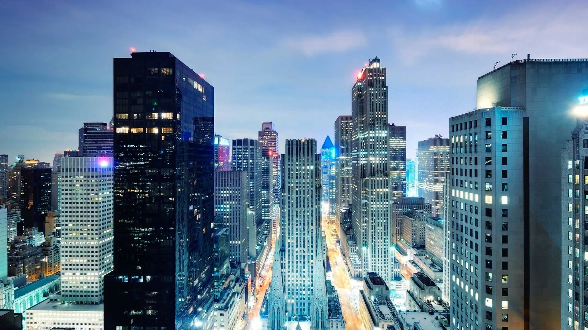 City skyline at dusk